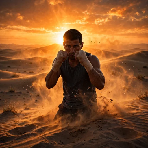 Boxer training with wrapped fists on desert dunes at sunrise, motivational DP