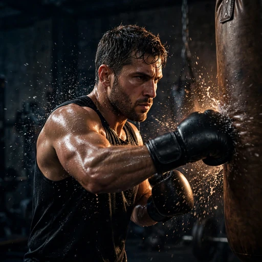 a fictional adult man boxer striking a heavy punching bag in a dim gym, sweat flying, strong rim lighting sculpting his focused face. boys dp