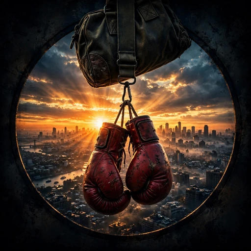 Red boxing gloves silhouetted against a sunrise city skyline, motivational DP