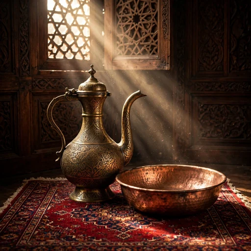 Engraved brass ewer and copper basin on a Persian rug in a sunbeam