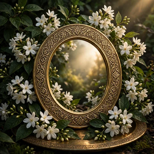 Oval brass arabesque mirror among white jasmine blossoms in golden morning light