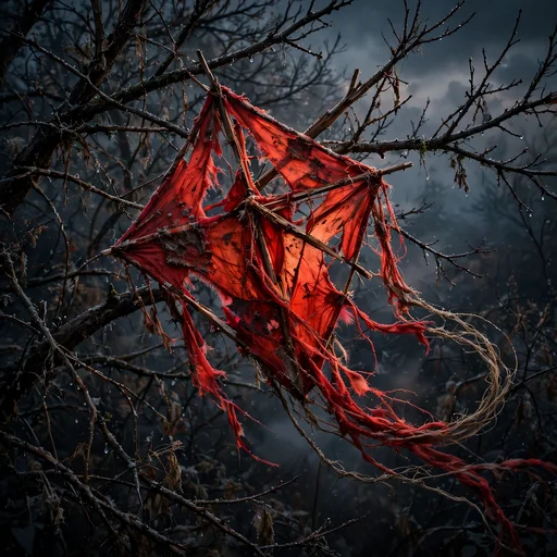 Broken kite tangled in the bare branches of a winter tree, sad DP