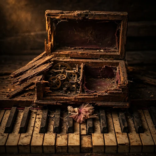 Broken wooden music box with tiny ballerina on dusty old piano keys, sad WhatsApp DP