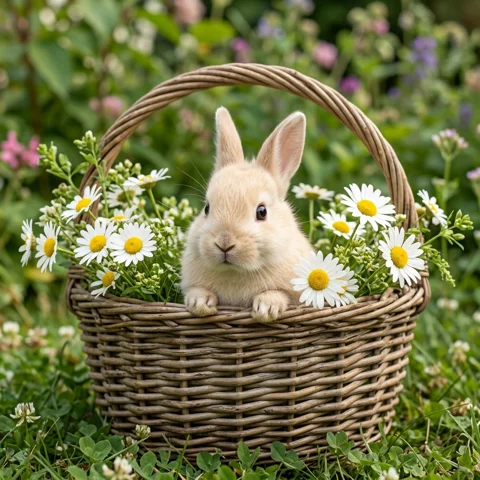 A cream baby rabbit peeks from a wicker basket among fresh daisies