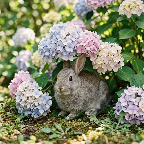 A gray rabbit shelters under a cluster of pastel hydrangea flowers