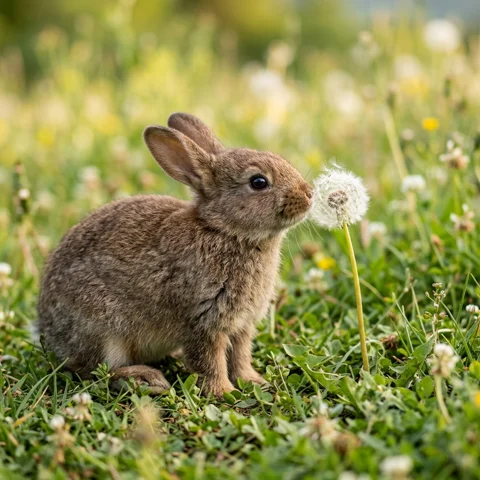 A brown bunny sniffs a dandelion puff at the edge of a meadow