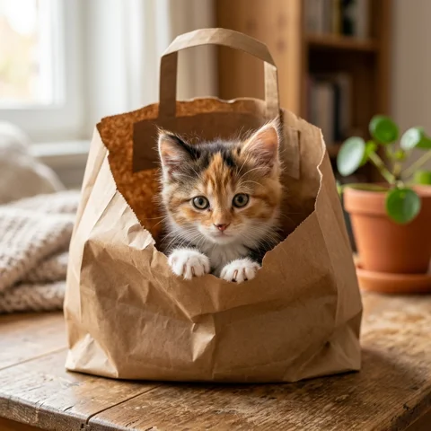 A calico kitten peeks out of an open paper shopping bag