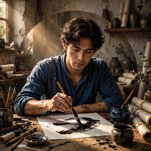 fictional adult young man calligrapher brushing ink in a quiet studio boys dp