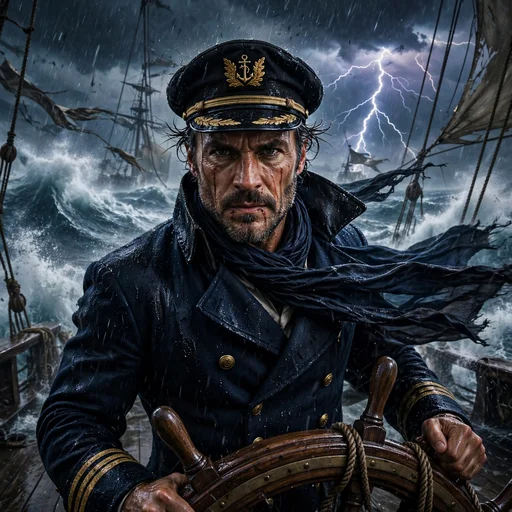 sea captain at ship helm in storm with lightning attitude dp