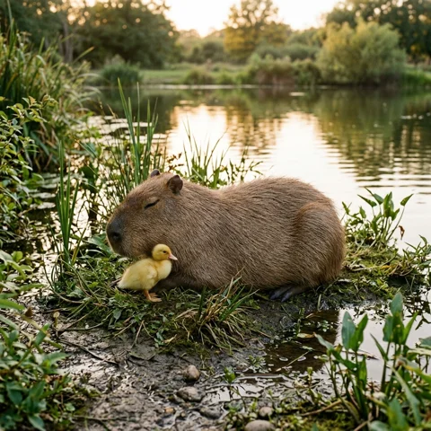 A relaxed capybara rests beside a little yellow duckling near a pond