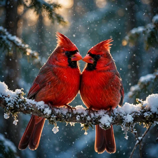 Two red cardinals perched together on a snowy branch, friendship DP