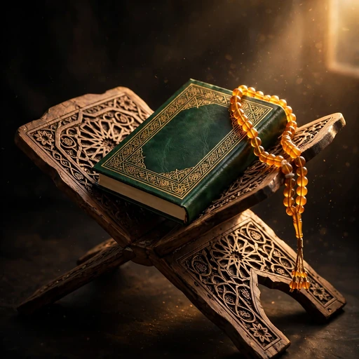 Hand-carved wooden Quran stand holding a closed green leather-bound book with gold border, a glowing strand of amber prayer beads draped over its edge