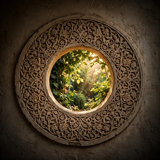 Carved stucco window with garden light streaming through