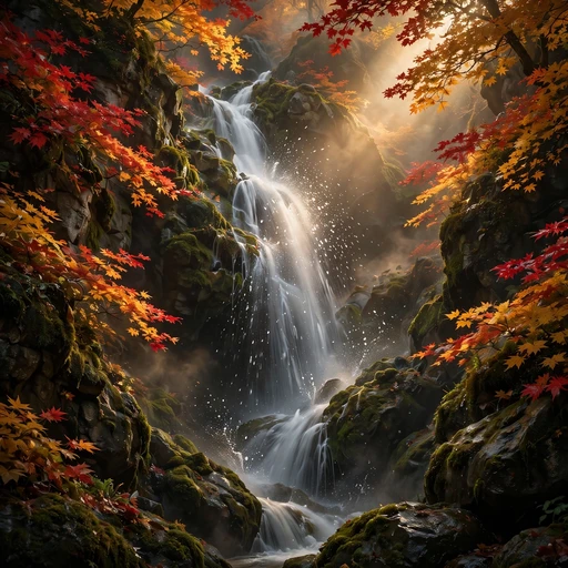 Waterfall in autumn maple ravine with mist, nature profile picture
