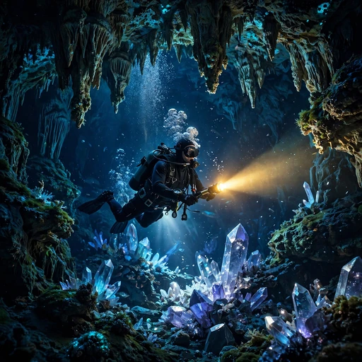 Cave diver with torch in a glowing underwater cavern, motivational WhatsApp DP