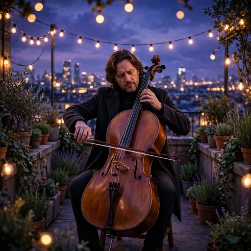 Cellist Performing on a Rooftop at Dusk