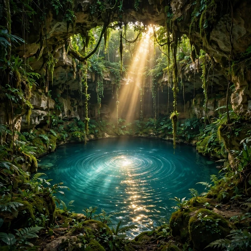 Sunbeam piercing into turquoise cenote water in hidden jungle, square nature WhatsApp DP