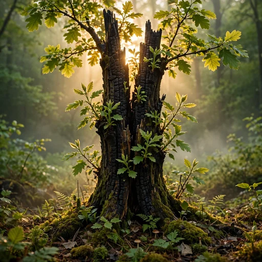 Charred oak trunk sprouting fresh green shoots at dawn, motivational DP