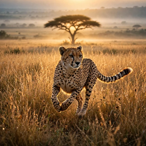 Cheetah running through golden savanna grass at sunrise with acacia tree, square nature WhatsApp DP