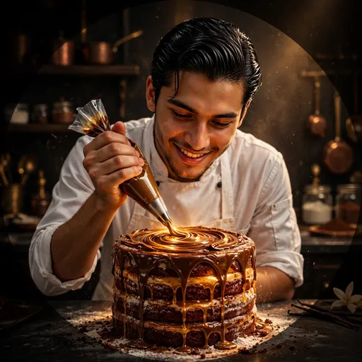 young pastry chef piping chocolate cake