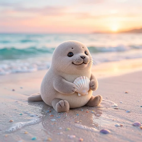 A rounded soft 3D seal holds a pearly shell on a pastel beach
