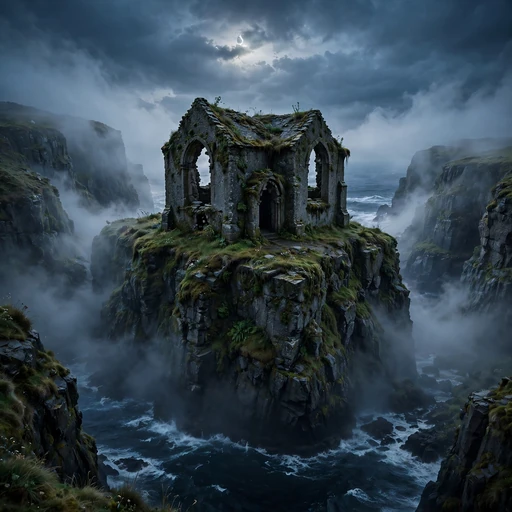Abandoned stone chapel on a sea cliff at dusk in mist, melancholic profile picture