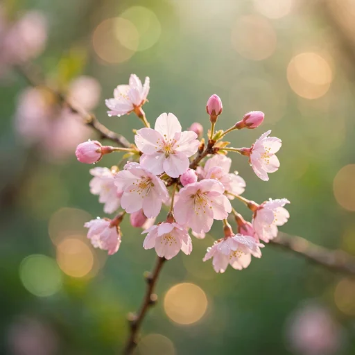 Close-up of a spring blossom branch with soft pink petals against dreamy bokeh