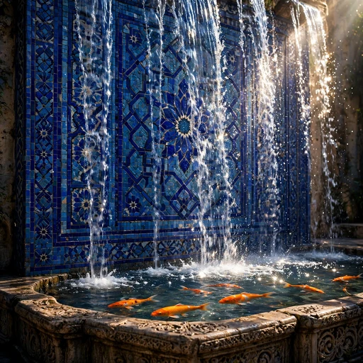 Cobalt mosaic fountain wall with cascading water and orange koi fish in the basin