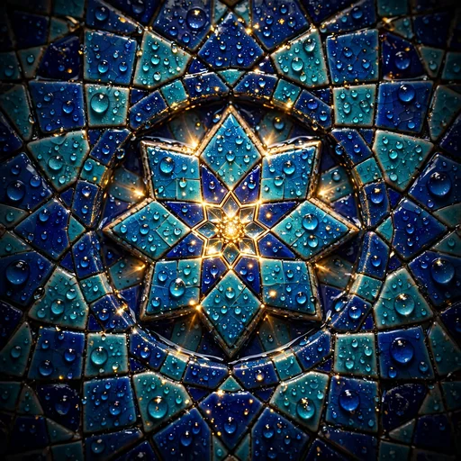 Macro of cobalt-blue Islamic star tiles beaded with glistening rain droplets
