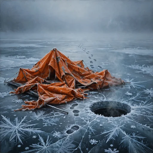 Collapsed orange ice-fishing tent on a frozen lake at grey dawn with frost crystals and footprints, sad WhatsApp DP