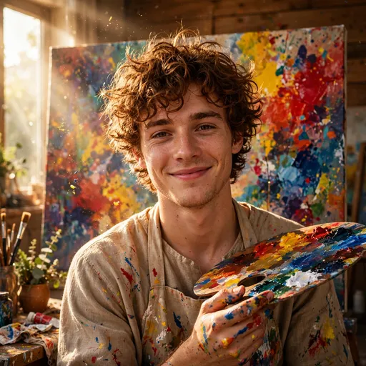 young painter smiling with palette in art studio