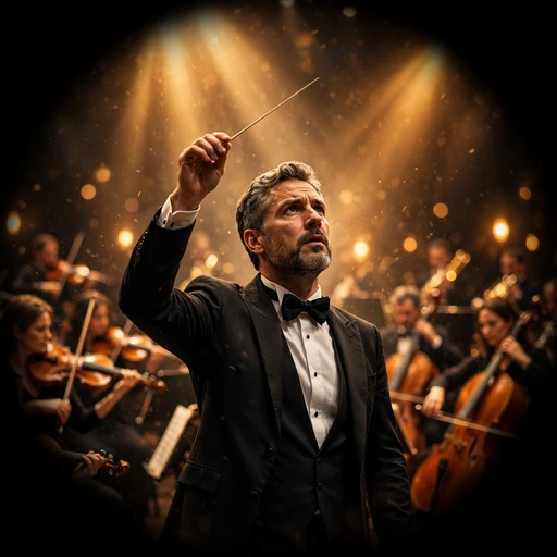 Orchestra conductor under golden stage lights, motivational DP