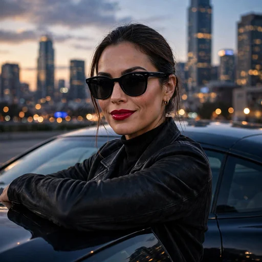Confident fictional woman with red lipstick and dark sunglasses leaning on a luxury car