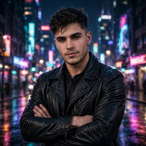 Confident fictional young biker man in a black leather jacket with arms crossed
