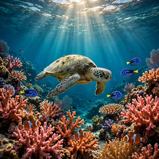 green sea turtle gliding over vibrant coral reef nature dp