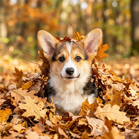 A corgi puppy emerges from a little pile of dry golden leaves