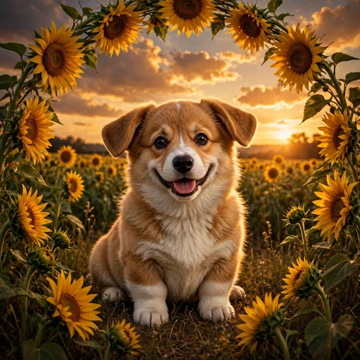 Smiling corgi puppy sitting in a sunflower field at sunset