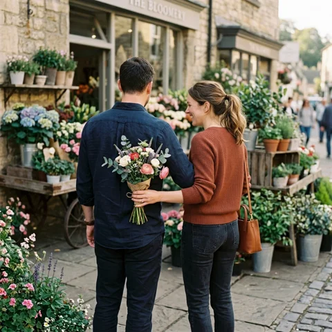 An adult couple shares flowers outside a flower shop, seen in a rear three-quarter view with one partner in profile