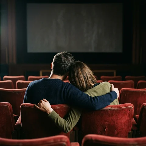 An adult couple sits together in the back row of a cozy old cinema facing a blank screen, rear view