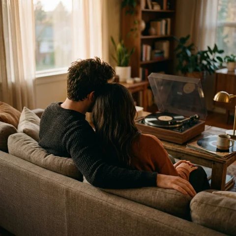 An adult couple leans together on a sofa beside a vintage record player, rear view in warm evening light