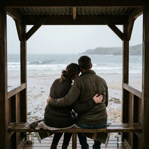 An adult couple cuddles under a wooden beach shelter overlooking quiet surf, viewed from behind