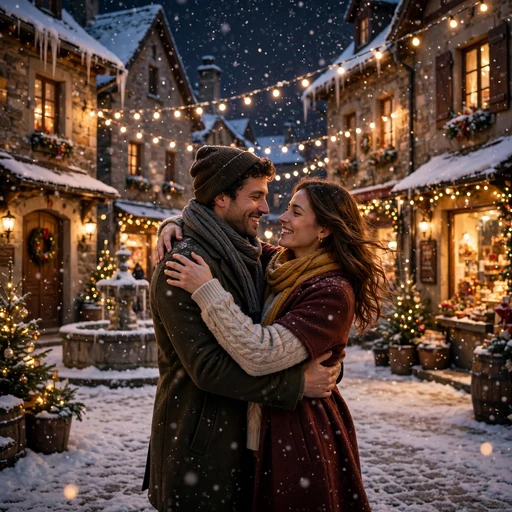 Couple dancing in a snowy village square under string lights