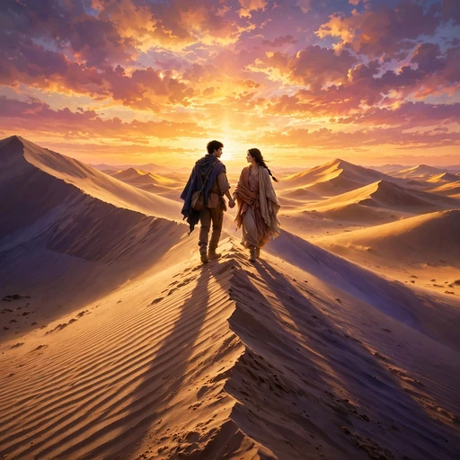 A couple walking hand in hand along a desert dune ridge at a glowing sunrise.