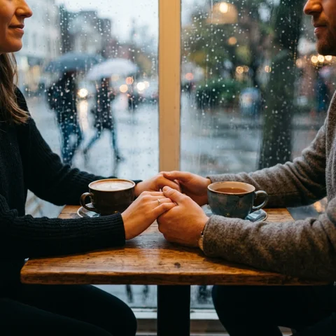 An adult couple holds hands across a small cafe table beside a rain-speckled window, close framing of hands and cups