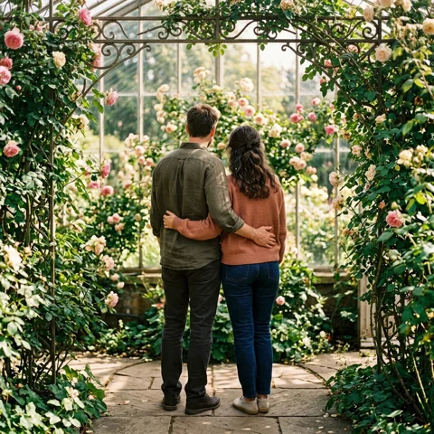 An adult couple stands shoulder to shoulder inside a sunlit glass conservatory filled with climbing roses, rear view