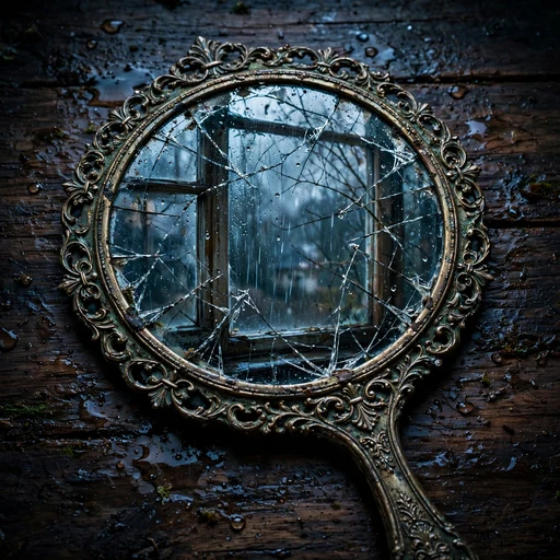 Cracked vintage hand mirror reflecting a rainy window, sad WhatsApp DP