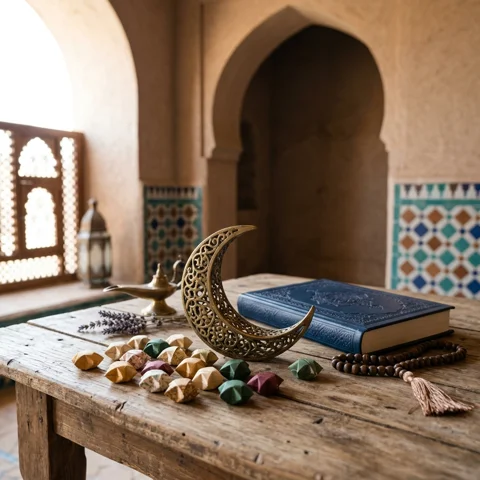A crescent decoration and folded paper stars form a tasteful tabletop still life