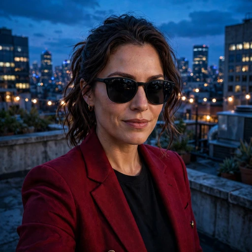 Crimson blazer rooftop profile picture — original AI artwork for WhatsApp DP