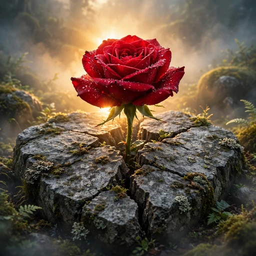 Crimson Rose Through Cracked Stone at Dawn motivational WhatsApp DP