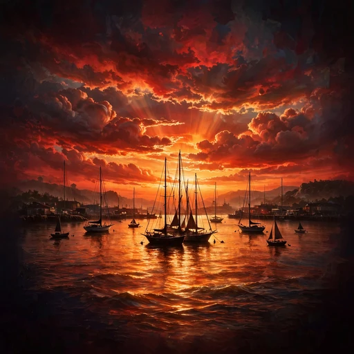 Crimson sunset harbor with sailboats on glowing orange water, aesthetic profile picture